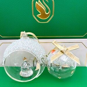 NIB Exclusive Swarovski Set/2 Balls With Christmas Tree Inside Ornament #5658125